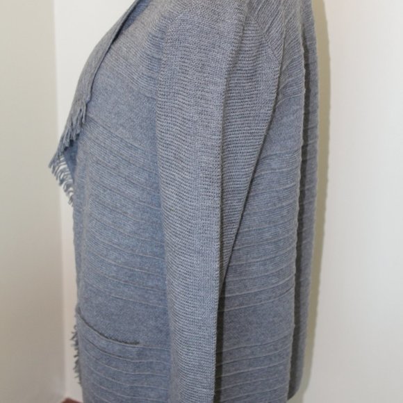 (NWT) Talbots Merino Wool Petite Grey Fringe Open Cardigan Sweater Long Tunic - Picture 7 of 15